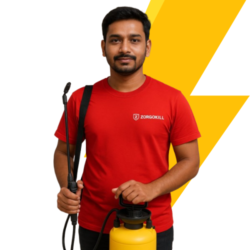 ZorgoKill pest control technician holding sprayer – local exterminator near me for cockroaches, termites, rats, bed bugs & more in Mumbai, Thane & Navi Mumbai